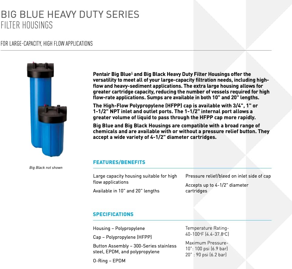Pentair Pentek 150234 Big Blue Filter Housing, 1" NPT #20 Whole House Heavy Duty Water Filter Housing with High-Flow Polypropylene (HFPP) Cap, 20-Inch, Black/Blue