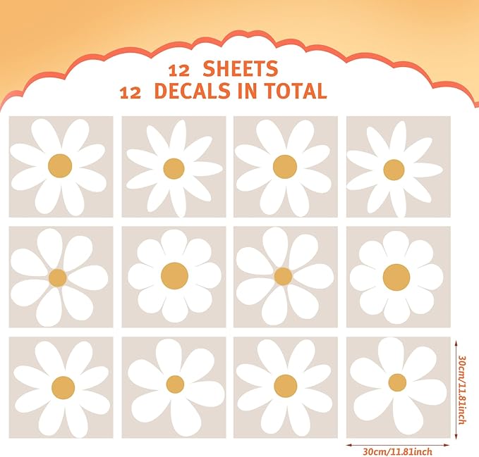 TaoBary 12 Sheet Daisy Wall Sticker Decal Removable Cute Daisy Bedroom Room Decor Flower Wall Sticker Pink White Flower Decal Wallpaper Peel and Stick for Nursery Home(White, Yellow,Novelty Style)