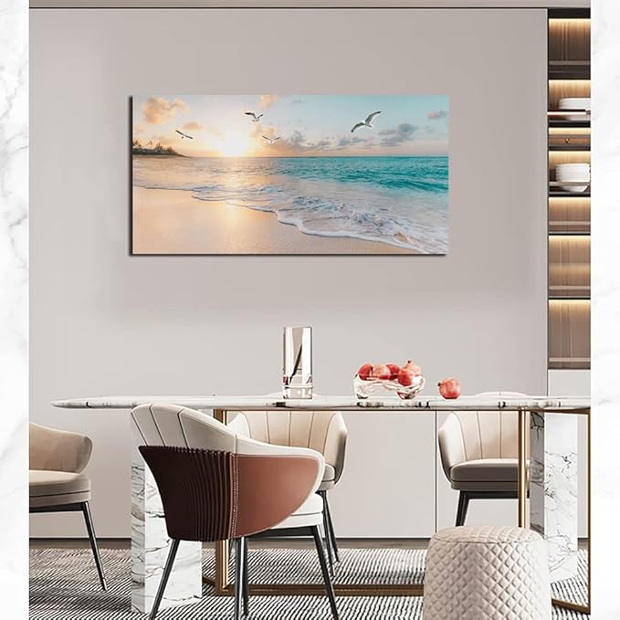 Beach Wall Art Decor for Living Room Ocean Canvas Picture for Wall Gold Sunset Painting for Bedroom Blue Seascape Theme Art Print for Bathroom Home Office Decoration Ready to Hang(20"×40")