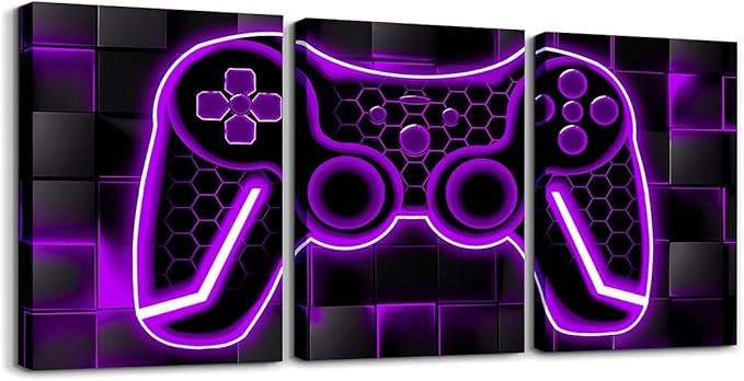 Feelyou Gamer Canvas Wall Art for Living Room 12"x16" 3 Piece Purple and Black Picture Wall Decor Gaming Ombre Office Wall Decorations Artwork Posters Geometric Square Wall Painting