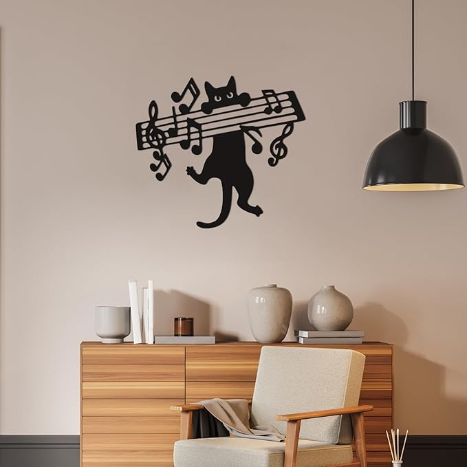 Otoolling Cat Playing Music Wall Decor Metal Black Cat Wall Art Hanging Signs Home Decor for Living Room Bedroom Bathroom Office Cats Lover Gifts(Cute,9.4 x 11.4 in)