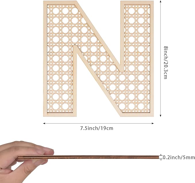 Wooden Rattan Letters 8 inch Wood Letters N for Wall Decor Crafts Boho Nursery Decor for Baby Shower Wedding Bedroom Name Signs Large Rustic Letter Home Decoration