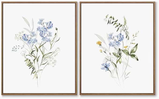 Watercolor Floral Wall Art Blue Yellow Flower Canvas Art Pints Nature Botanical Plants Painting Minimalist Wall Decor Stretched and Framed for Bedroom Bathroom Home Office Decoration - 11"x14"x2Pcs