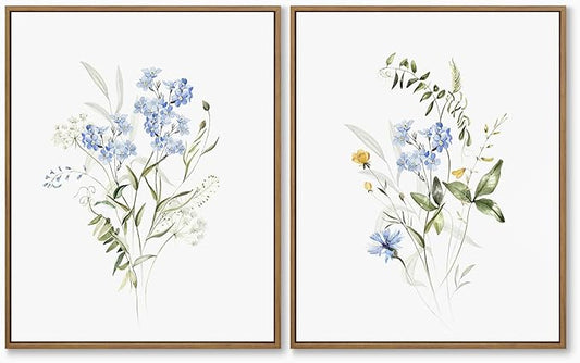 Watercolor Floral Wall Art Blue Yellow Flower Canvas Art Pints Nature Botanical Plants Painting Minimalist Wall Decor Stretched and Framed for Bedroom Bathroom Home Office Decoration - 11"x14"x2Pcs
