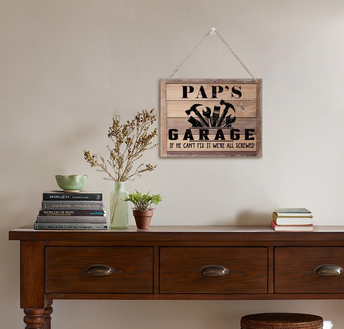 Rustic Sign, Father's Day Gift, Dad's Gift, Grandpa's Gift, Decor Hanging Wood Signs, Printed Wood Wall Art Sign, Pap's Garage, If He Can't Fix It We're All Screwed, Vintage Sign Gift for Grandpa
