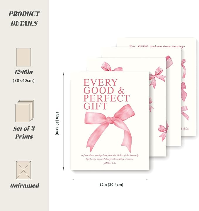 LARTSFRO Coquette Pink Bow Christian Wall Art Decor Posters, Pink Bow Room Bedroom Bathroom Dorm Wall Art Decor Aesthetic for College Teen Girls Gifts, Inspirational Bible Verses Bow Wall Decor, 12x16 Inch Set of 4 Pcs Bow Pictures (UNFRAMED)