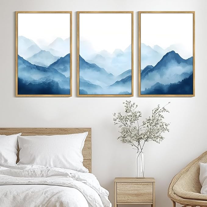 Drsoum Blue Fog Mountains Landscape Wall Art Framed Vintage Nature Misty Nordic Prints Ink Wash Watercolor Boho Farmhouse Rustic Artwork Hallway Bedroom Ready to Hang 24x36in Natural Framed