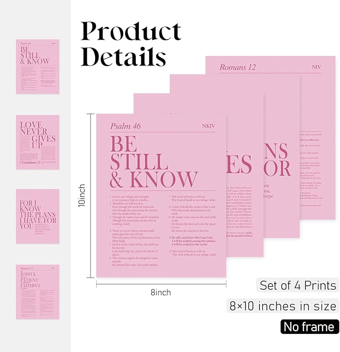Locomiss Pink Christian Wall Art Decor, Modern Bible Verse Prints, Minimalist Jesus Scripture Wall Decor, Pink Inspirational Bible Posters for Bedroom Office Living Room, Set of 4 (8x10 Unframed)