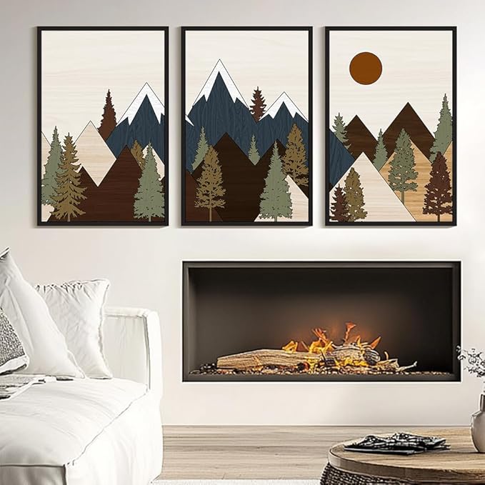 Drsoum Morden Mountains Landscape Wall Art Framed Boho Pine Tree Forest Nature Prints Boho Farmhouse Rustic Artwork Hallway Bedroom Ready to Hang 24x36in Black Framed