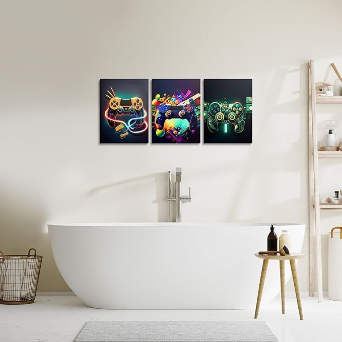 Feelyou Gamer Canvas Wall Art for Living Room - 12" x 16" 3-Piece Game Controller Picture Wall Decor Gaming Gifts Bathroom Office Wall Art Gamepad Artwork Posters Green Wall Painting
