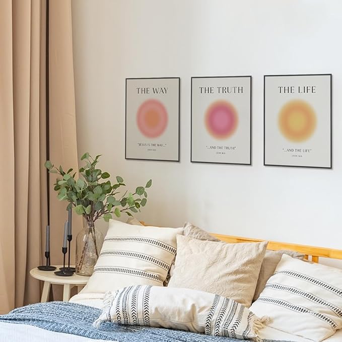 PLKMN Christian Wall Art, Jesus Art Wall Decor Prints Set of 3, Pink Room Decor Aesthetic, Jesus Is The Way and The Truth and The Life Bible Verse Wall Art, Pink Aura Prints Decor for Bedroom, 8x10 Unframed