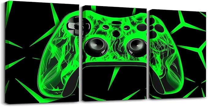 Feelyou Gamer Bathroom Wall Art for Home Decor Gamepad Canvas Wall Art for Bedroom Girls TeensGaming Gifts Office Wall Artwork Posters 12" x 16" 3 Piece Game Controller Green Wall Painting