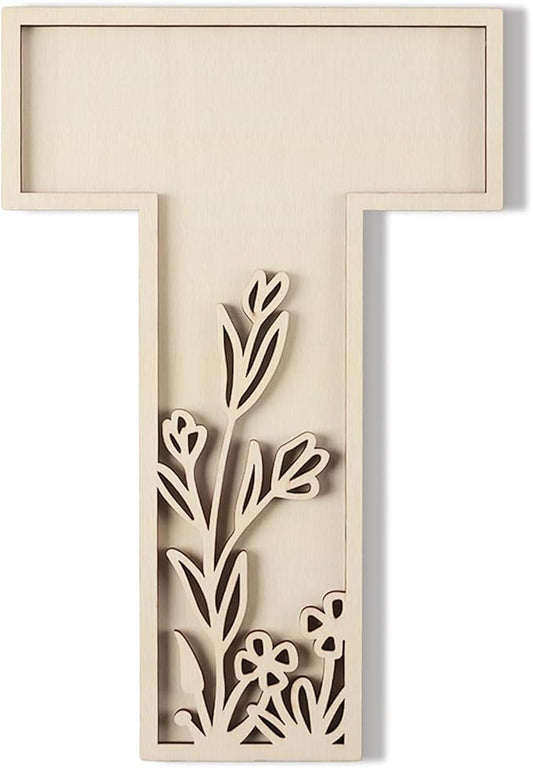 Layered 12 Inch Large Wooden Letters for Wall Decor, Flowered Paintable Wooden Nursery Letters for Crafts Wood Alphabet Letter T for Birthday Boho Nursery Name Sign Wedding Home Decoration