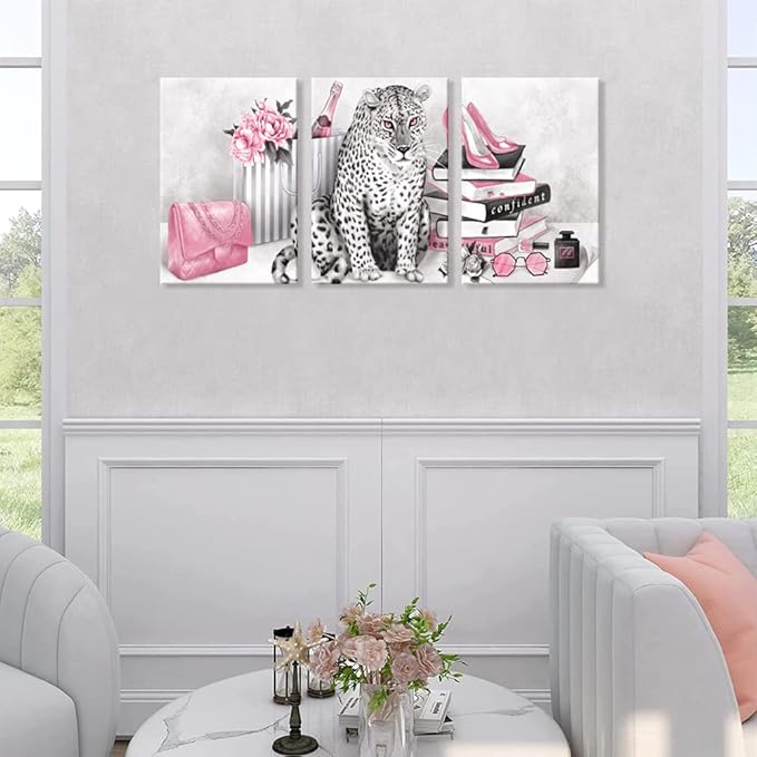 Visual Art Decor Pink Wall Decor Glam Fashion Room Decor Leopard Cheetah Decor Painting Bedroom Wall Decor for Women Framed Canvas Prints Ready to Hang 16inx20inx3Pieces
