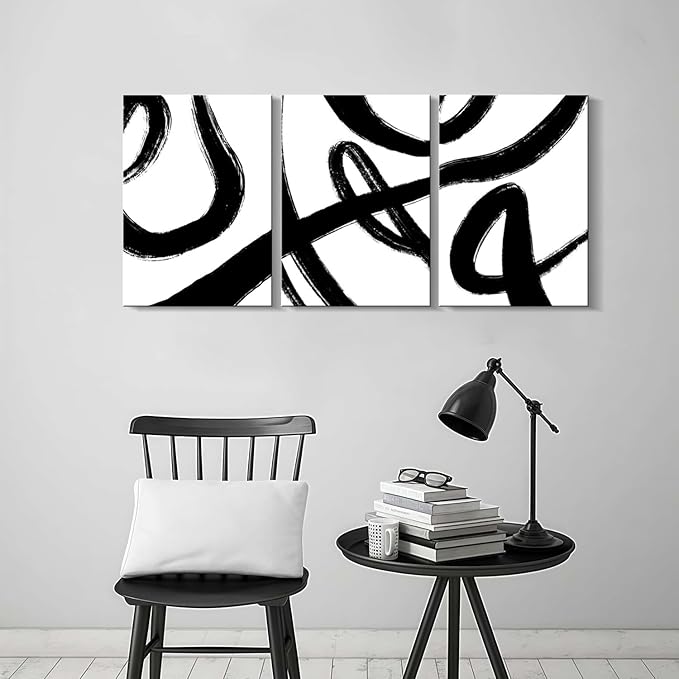 3Pcs Framed Abstract Black and White Canvas Wall Art Minimalist Brushstroke Line Prints Modern Home Gallery Style Picture Painting Posters Bedroom Living Room Office 12x16 Inch Ready to Hang