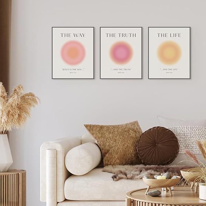 PLKMN Christian Wall Art, Jesus Art Wall Decor Prints Set of 3, Pink Room Decor Aesthetic, Jesus Is The Way and The Truth and The Life Bible Verse Wall Art, Pink Aura Prints Decor for Bedroom, 8x10 Unframed