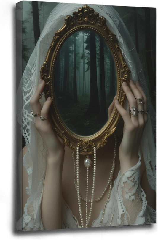 Mirror face covering dark art poster print melancholy gothic painting vintage feminine print victorian style decoration antique art20x30in Wood Framed