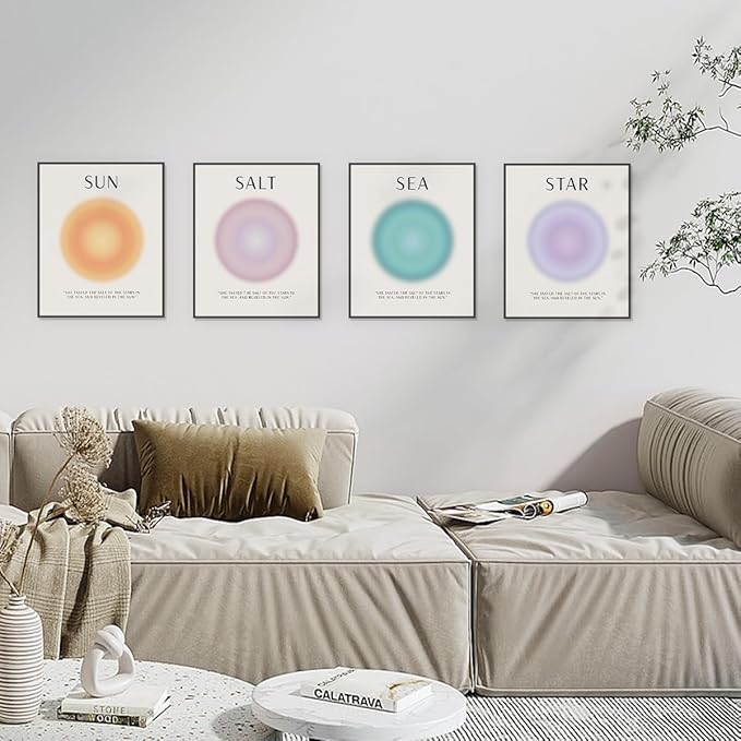 PLKMN Aura Angel Sun Salt Sea Wall Art Decor 8x10,Beach Aesthetic,Trendy Star Ocean Beach Prints,Colorful Aura Abstract Aesthetic Decor Bedroom Yoga Living Room Set of 4 (Unframed)