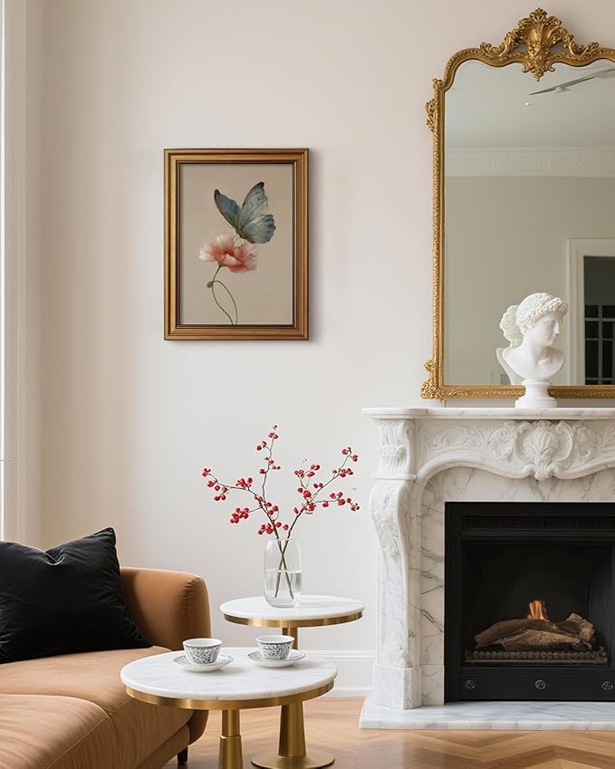 InSimSea Gold Framed Canvas Prints Wall Art, Vintage Butterfly Decor, Cherry Blossom Paintings Farmhouse Spring Wall Decor, Antique Pictures for Nursery Bedroom Living Room Shelf, 12x16inch