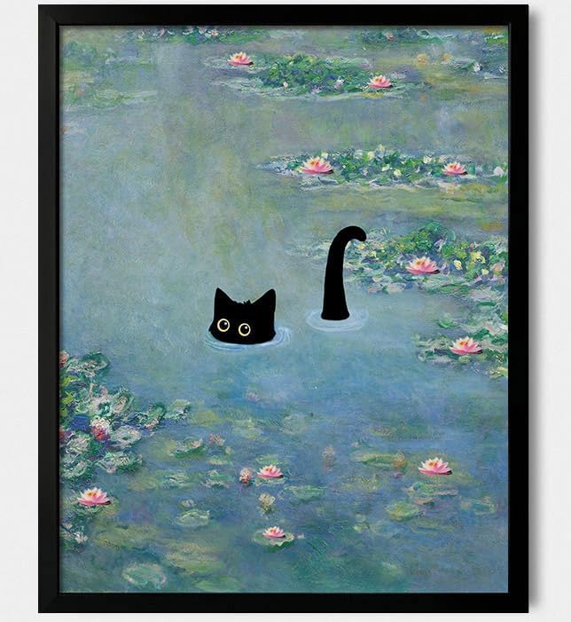 Hamduker Funny Black Cat Wall Art, Monet Art Water Lily Cat Wall Art Decor, Preppy Aesthetic Cat Posters for Bedroom Bathroom Living Room (Size: 11'' x 14''x1pcs)