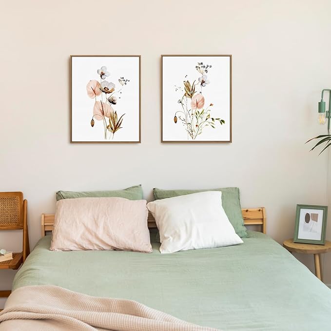 Set of 2 Watercolor Botanical Plant Picture Pink White Flower Canvas Wall Art Colorful Wildflower Poster Minimalist Floral Wall Decor Framed for Bedroom Living Room Home Office Decoration, 11x14 Inch