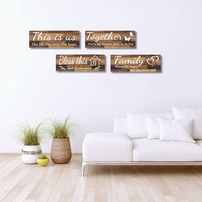 4 PCS Home Wall Decor Signs, IDATOO Rustic Wooden Living Room Hanging Decorations with Quotes THIS IS US/TOGETHER/BLESS THIS/FAMILY, Housewarming Gifts for Wedding Kitchen (Brown, 15 x 5.1 inch)