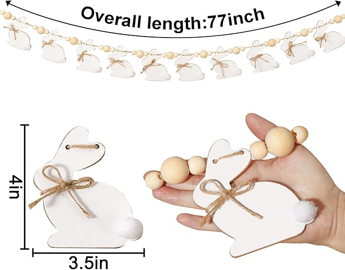 Easter Decorations Garlands, Cute Bunny Easter Garland with Wooden Beads, Rustic Banner for Mantel, Fireplace, Wall, Home, Farmhouse, Office, School Indoor Spring Decor Supplies