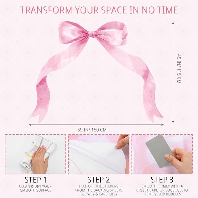 59 x 45 Inch Large Pink Bow Wall Stickers Peel and Stick Coquette Girl Room Decor Large Watercolor Bow Stickers Preppy Waterproof Vinyl Decals Wall Decor for Girl Room Nursery Kindergarten