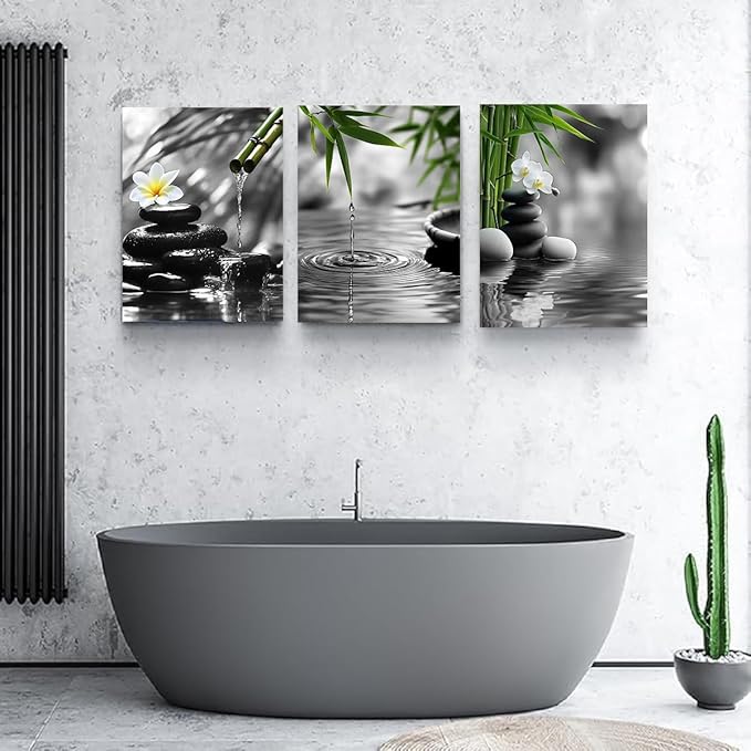 Yxbhhym Bathroom Zen wall art Black and White Green Decor Gray Canvas Pictures Zen Poster Prints Buddha Artwork for Spa Bedroom Wall Art Kitchen Office Home Living Room Decor Framed