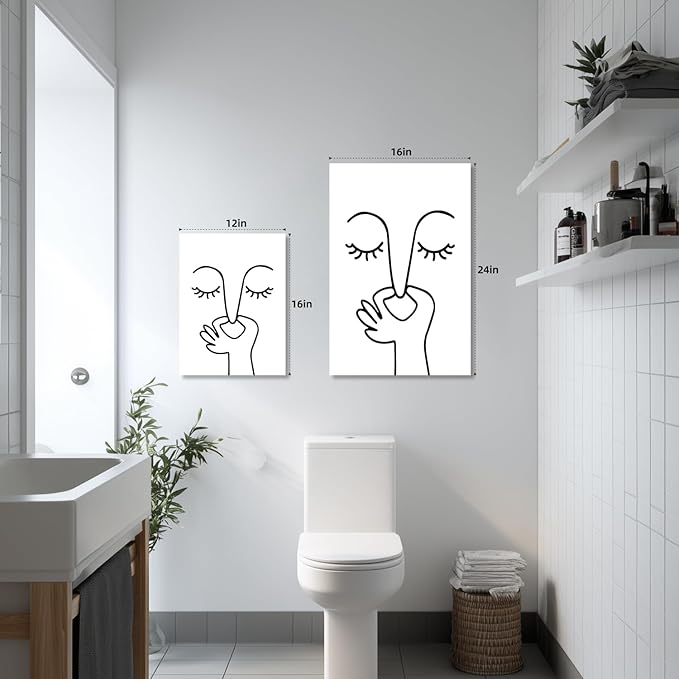 IAFWZX Framed Funny Bathroom Wall Art, Abstract Humor Toilet Wall Decor, Minimalist Face Line Canvas Painting, Modern Black and White Bathroom Poster Print for Restroom Guest Bedroom 12"x16"