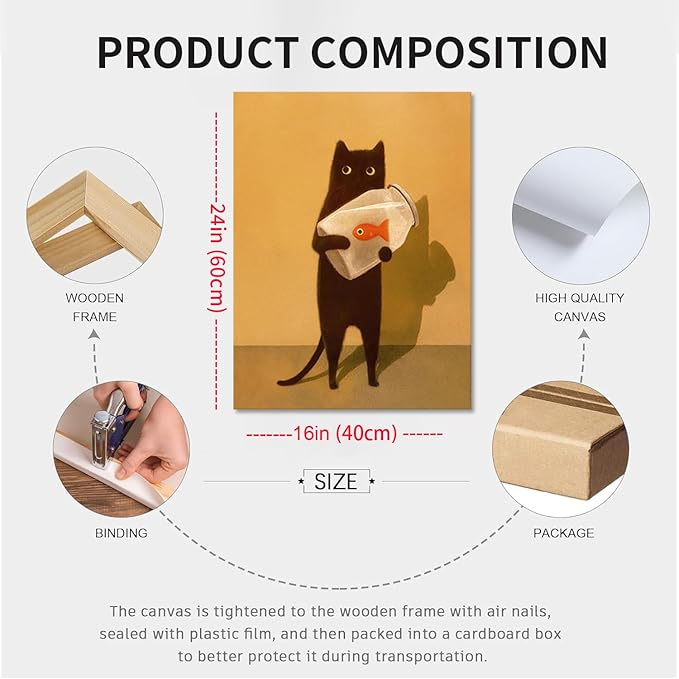 Funny Black Cat Wall Art, Abstract Black Cat and Fish Canvas Poster Print Picture, Cute Animal Wall Decor, Perfect for Cat Lovers for Bathroom Living Room Bedroom Kids Room 16x24 in Framed