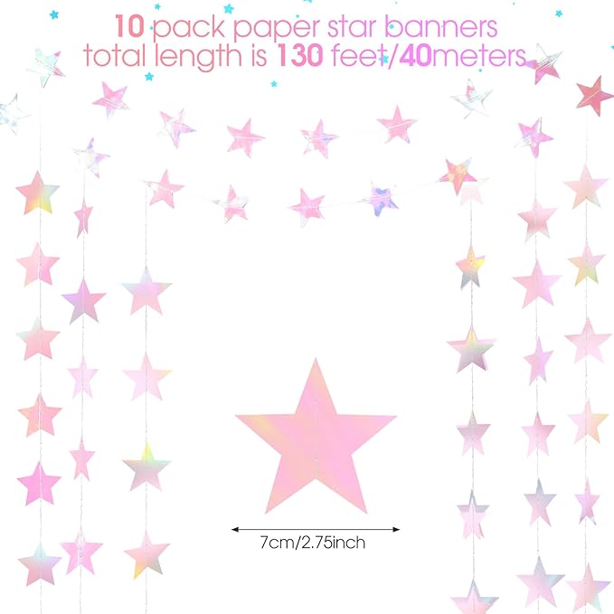 Patelai Glitter Star Garland Banner 2026 Graduation Decor 130 Feet Star Hanging Banner Twinkle Backdrop for Party Birthday Classroom Wedding Supplies(Iridescent Pink)