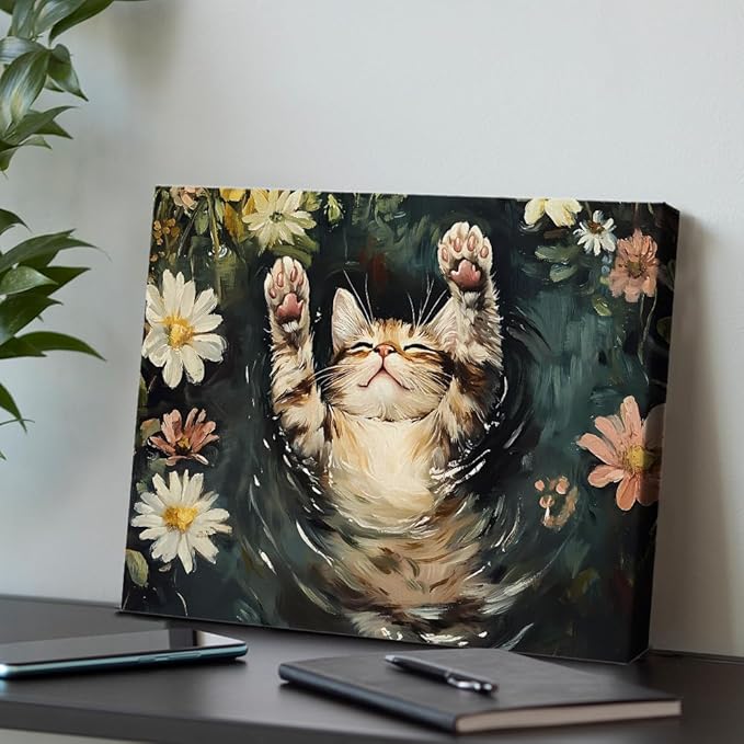 Aesthetic Sleeping Cat Wall Art Decor Cat on Lily Pond Cute Canvas Print Poster Framed Painting for Home Living Room Bedroom Wall Decor 8x10 Inch