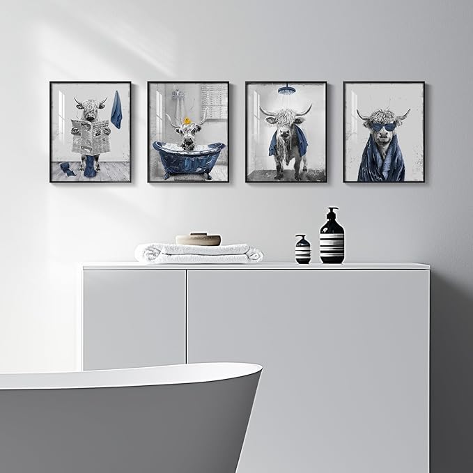 Framed Highland Cow Funny Bathroom Wall Art, 4 Piece Fun Animal Navy Blue Art Prints, Cute Cow Sitting on Toilet or in Bathtub or Reading Pictures Wall Decor for Toilet, Restroom, Washroom, Bathroom