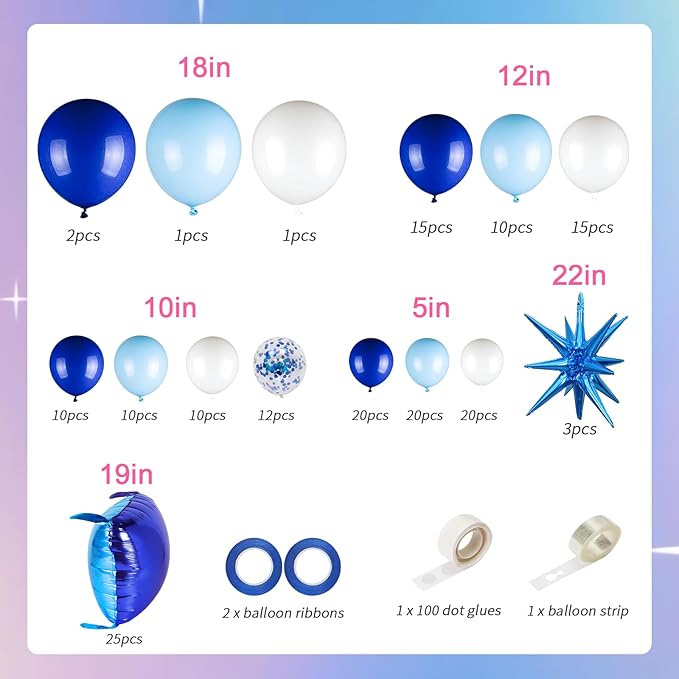 25pcs Royal & Light Blue Foil Square Balloon Wall with 149pcs White and Blue Confetti Balloons Arch Kit, Double Sided Balloon Tunnel with Star Balloons for Birthday, Class of Graduation Backdrop