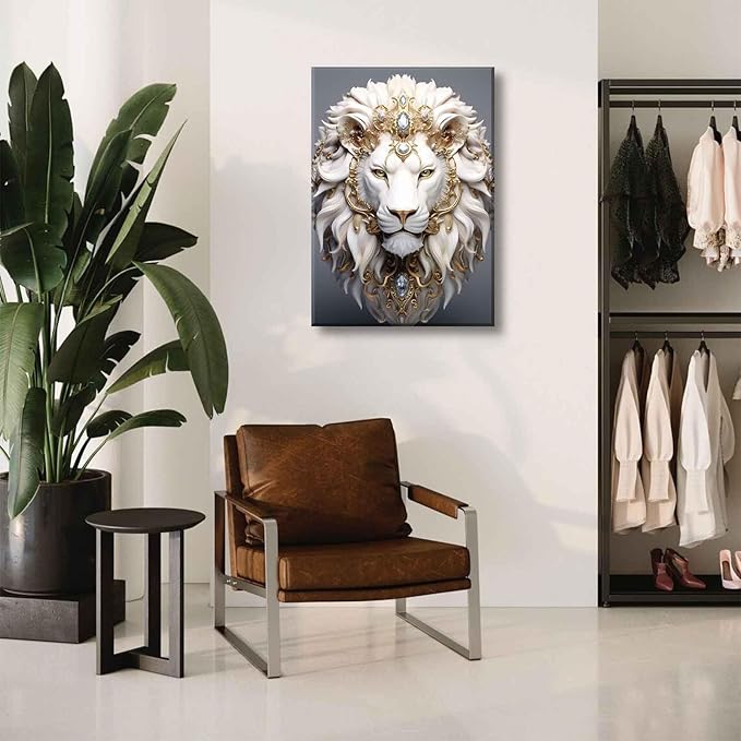 White Lion Canvas Wall Art Wild Animal Portraits Avatar Pictures Painting Decor Modern Large Gold Diamond Beast Posters Prints for Dining Living Room Bedroom Home Decoration