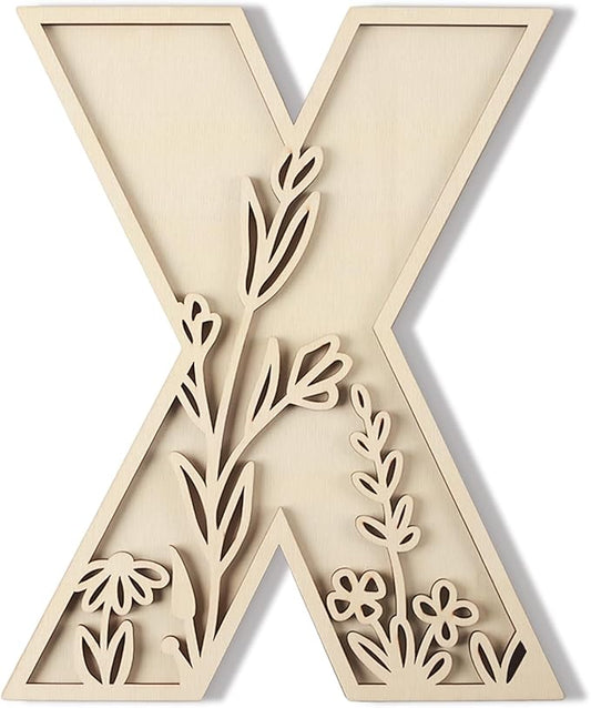Layered 12 Inch Large Wooden Letters for Wall Decor, Flowered Paintable Wooden Nursery Letters for Crafts Wood Alphabet Letter X for Birthday Boho Nursery Name Sign Wedding Home Decoration