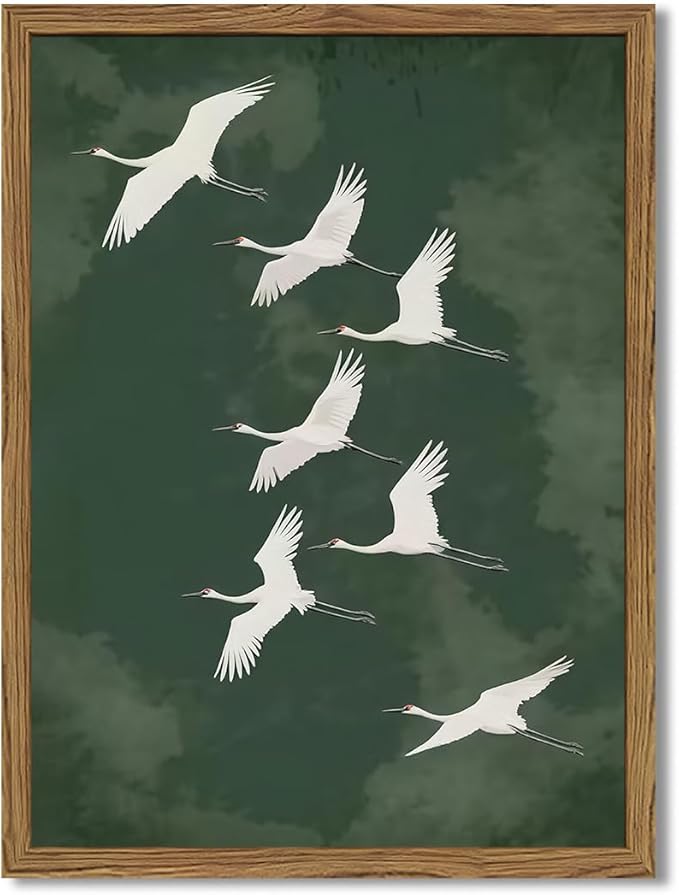 Framed Japanese Flying Cranes Wall Art, Vintage Bird Pictures Wall Decor Paintings, Rustic Nature Animal Canvas Prints Minimalist Home Decor for Living Room Bedroom Office Zen 12x16 inch