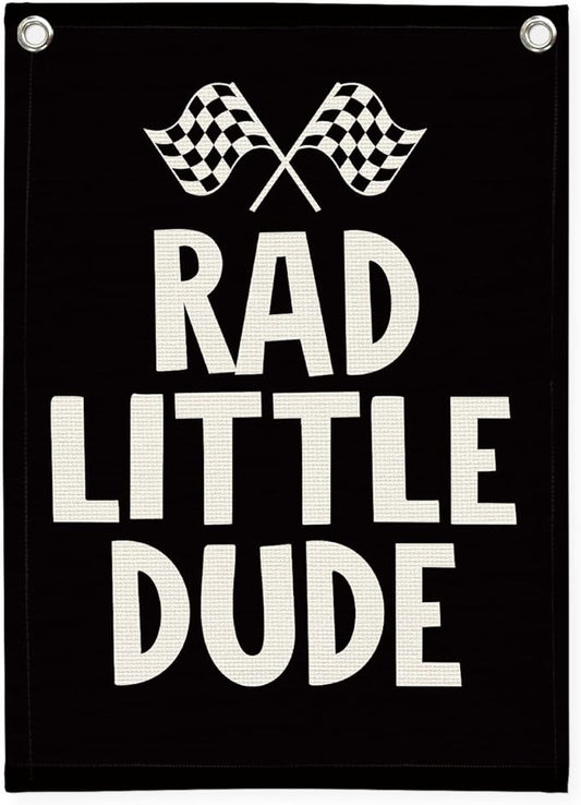 Race Car Room Decor, Rad Little Dude Linen Canvas Banner for Boy Room Decor, Playroom Toddler Boys Bedroom Kidsroom Decor 18x25 Inch