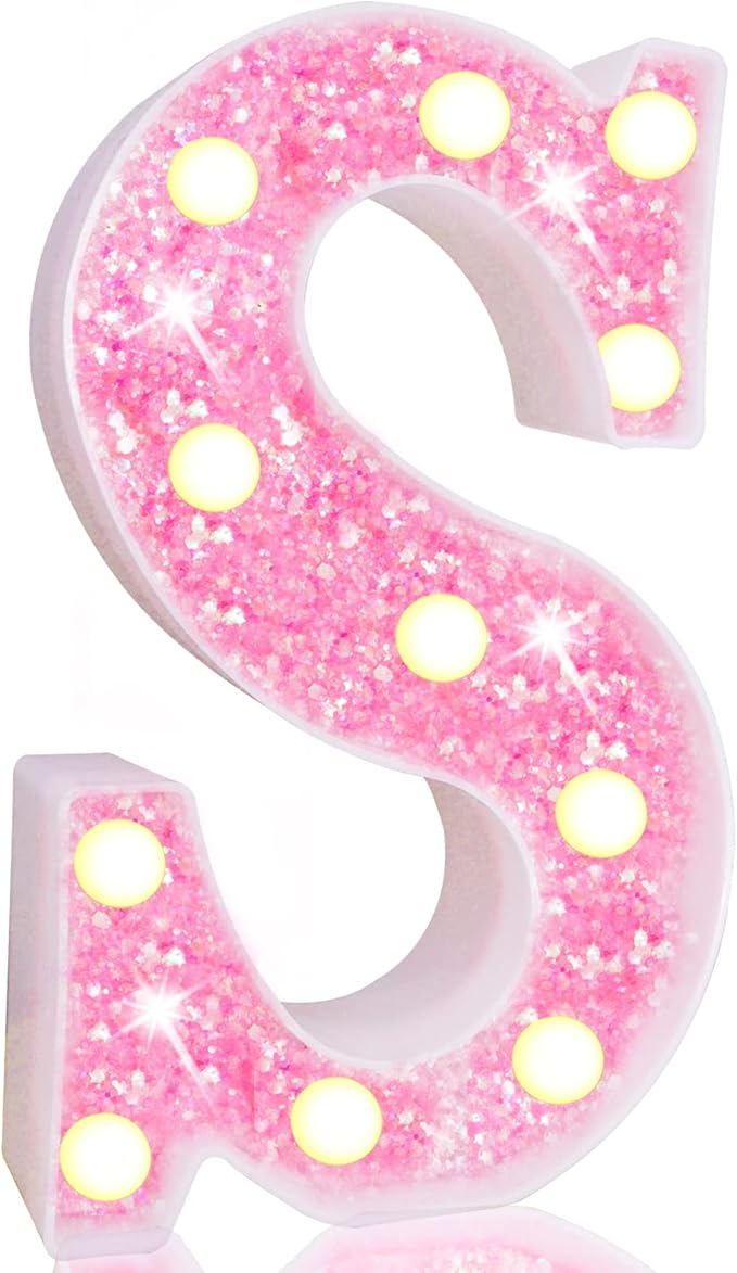 Pooqla LED Marquee Letter Lights, Pink Glitter Light Up Letters Alphabet Sign Battery Powered Night Light, Birthday Party Wedding Girls Gifts, Christmas Room Dorm Bedroom Decoration, Pink Letter S