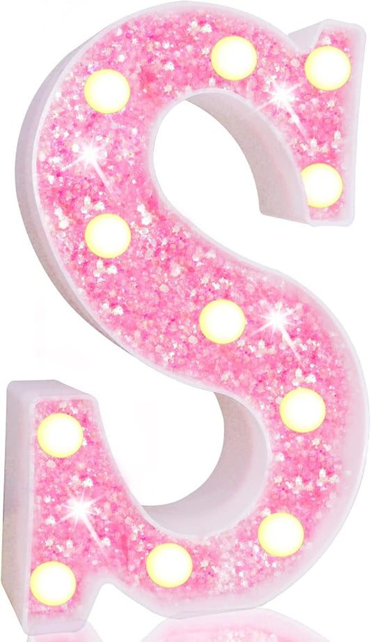 Pooqla LED Marquee Letter Lights, Pink Glitter Light Up Letters Alphabet Sign Battery Powered Night Light, Birthday Party Wedding Girls Gifts, Christmas Room Dorm Bedroom Decoration, Pink Letter S