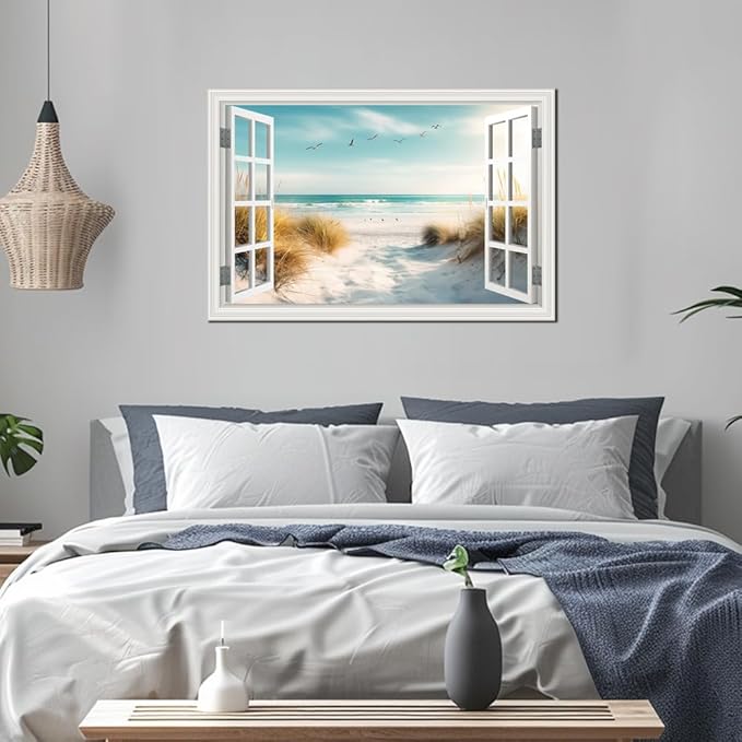 CHUSHU ART Beach Canvas Wall Decor Ocean Pictures Prints for Living Room White Window Style Path Painting Coastal Seascape Artwork Reeds Landscape for Bedroom Home Office Decorations(24"*36")
