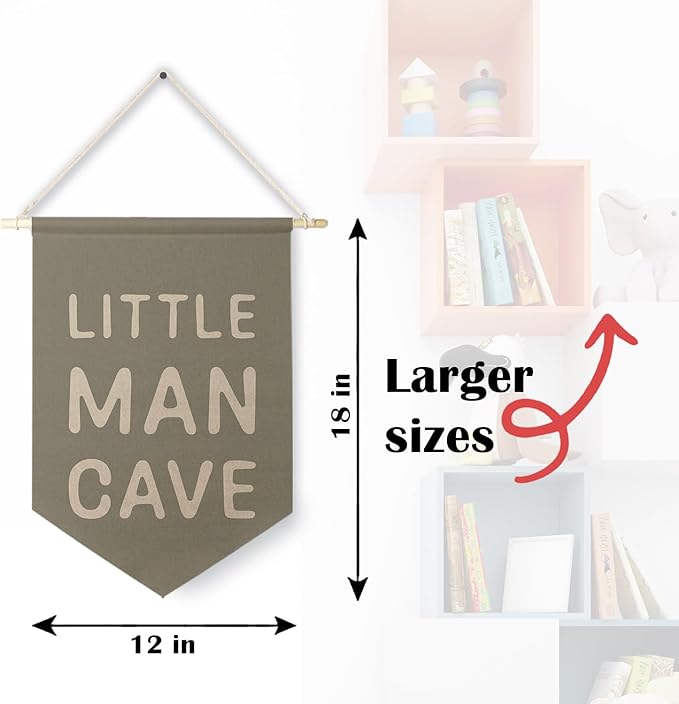 Qpenm Little Man Cave Hanging Wall Canvas Banner, Kids Playroom Hanging Pennant Flag Prints,Sage Green Nursery Boy Wall Decor, Baby Boy Wall Art 12x18in