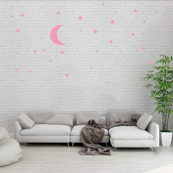 Moon and Stars Wall Decal Vinyl Sticker, Removable Children Kids Art DIY Sticker Mural for Boy Girls Baby Room Decoration Good Night Nursery Wall Decor Home House Bedroom Design (Pink)