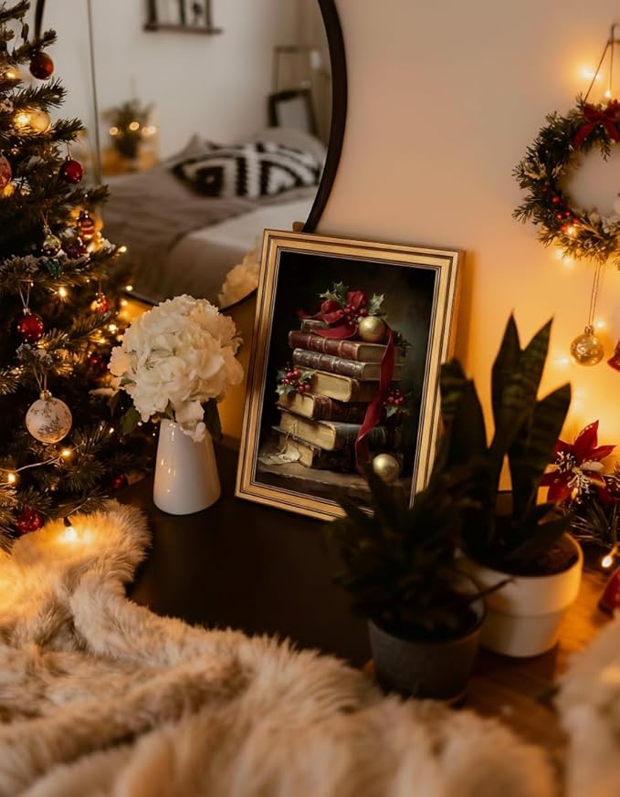 InSimSea Gold Framed Christmas Wall Art, Vintage Canvas Prints Decor, Retro Book Paintings Wall Shelf Decor, Rustic Pictures for Winter Xmas Study Bedroom Holiday Decoration Gifts, 12x16inch
