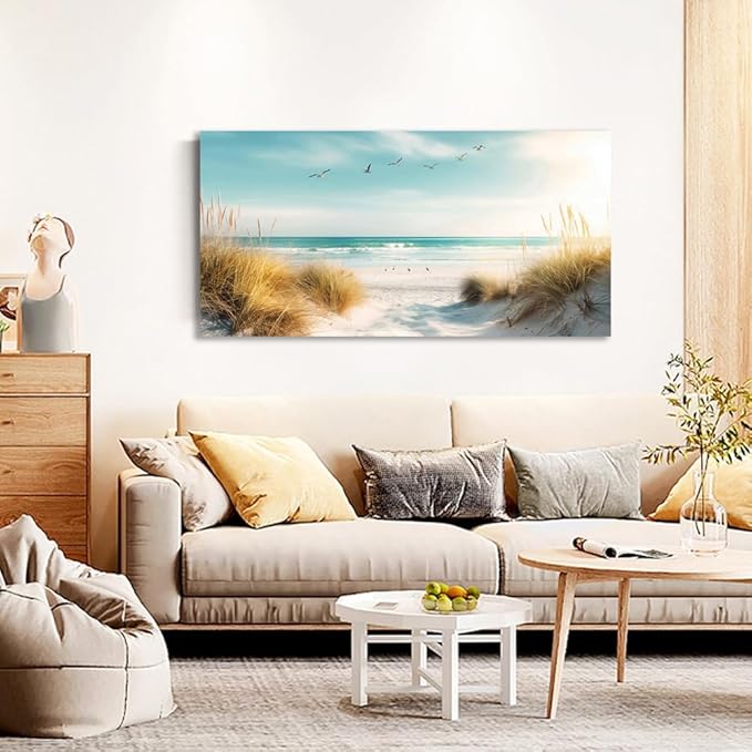 Beach Canvas Wall Art Decor Large Ocean Pictures Prints for Living Room Coastal Path Painting Seascape Artwork Beach Reeds Landscape for Bedroom Bathroom Home Office Decorations(24"×48")