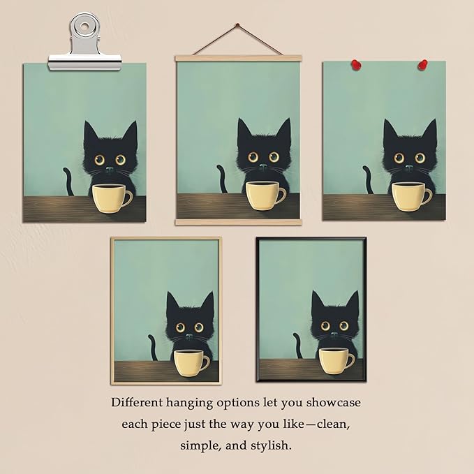 Yaneiro Fun Black Cat Wall Art Abstract Drinking Coffee Picture Cute Retro Black Cat Wall Decor Canvas Poster Print Suitable for Cafe Bar Living Room Restaurant Bedroom 12x16in Unframed