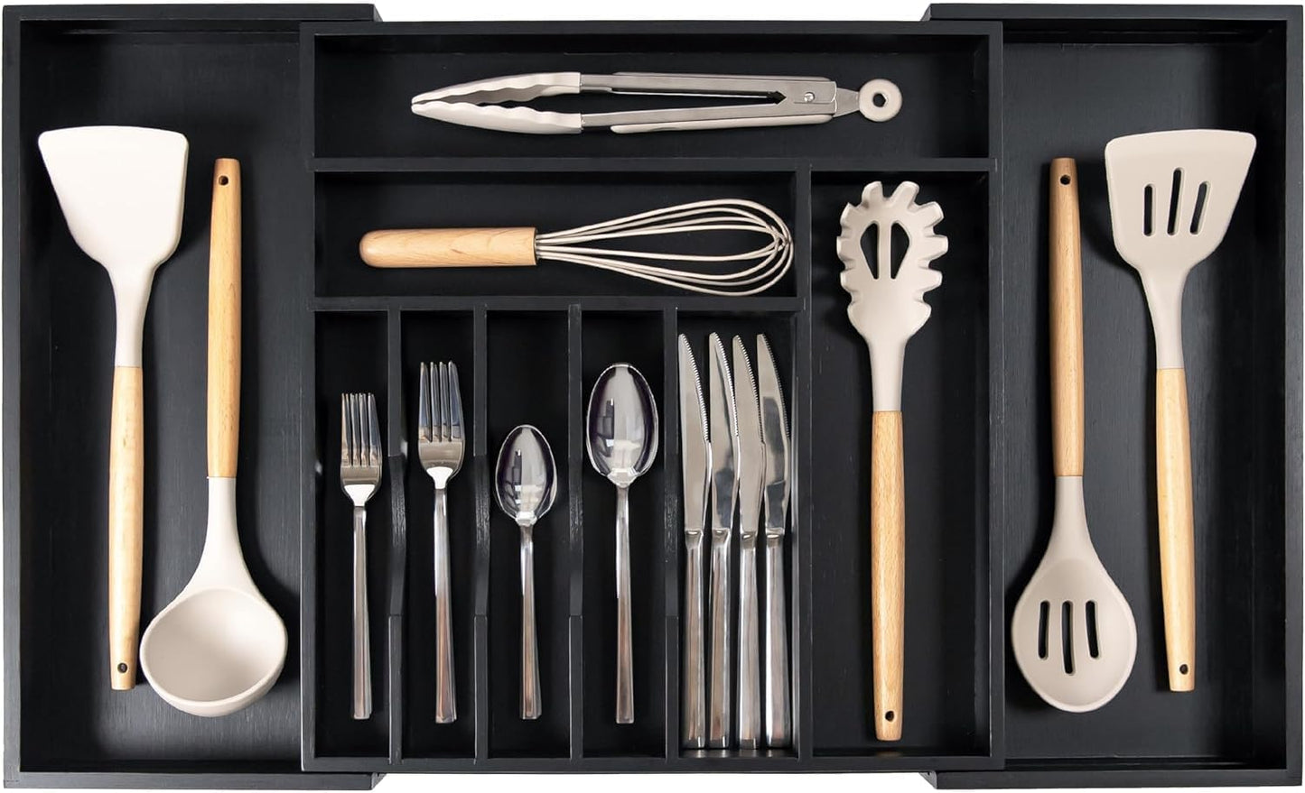 Premium Silverware, Flatware and Utensil Organizer for Kitchen Drawers, Food-Safe Contract Grade, Expandable from 16 to 28 In, Black Bamboo