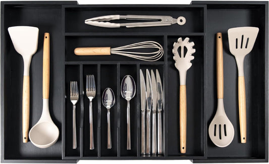 Premium Silverware, Flatware and Utensil Organizer for Kitchen Drawers, Food-Safe Contract Grade, Expandable from 16 to 28 In, Black Bamboo