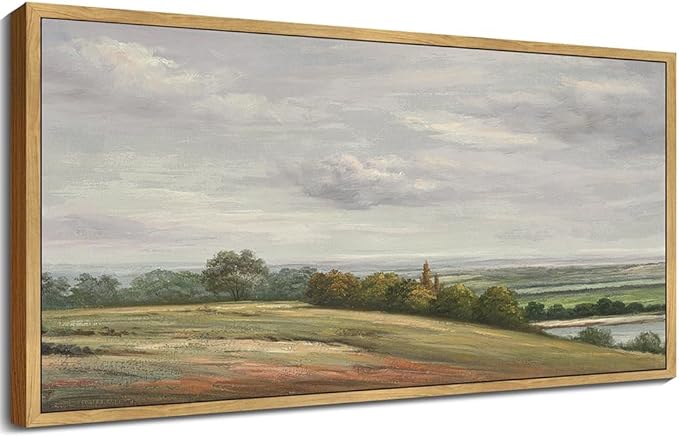 SHENIFY 20x40in Extra Large Vintage Framed Wall Art White Clouds Over Vast Grassland Landscape Painting Retro Meadow Scenery Farmhouse Bedroom Above of Bed Living Room Decor - Natural Framed
